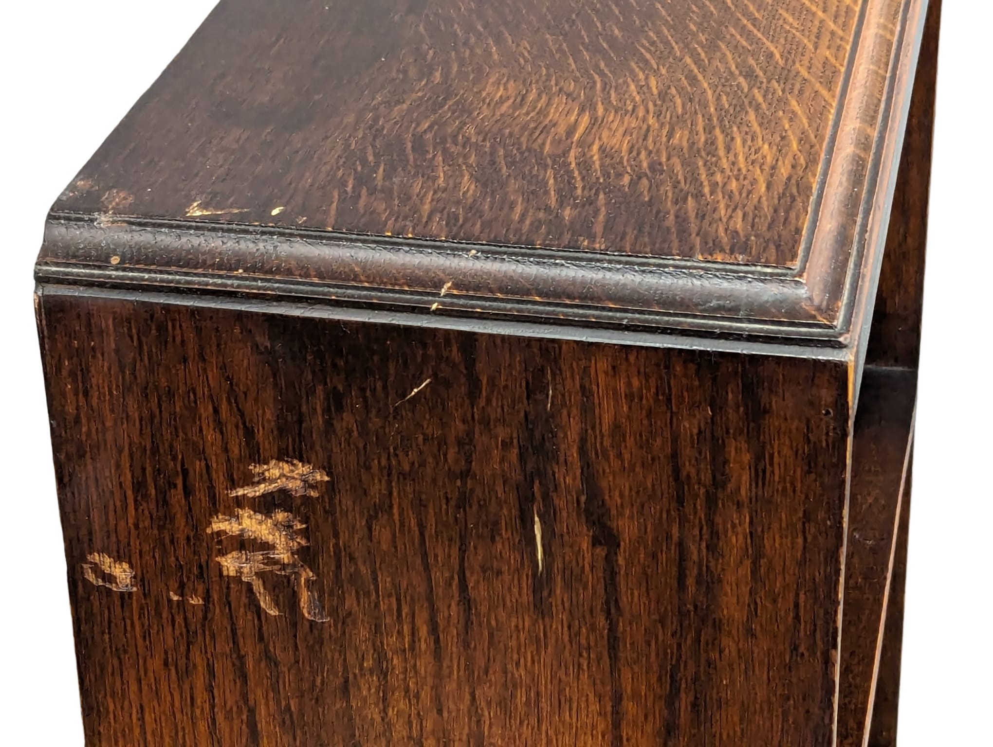 A vintage oak open bookcase with drop down paper rack. 48.5x22.5x105cm - Image 7 of 7