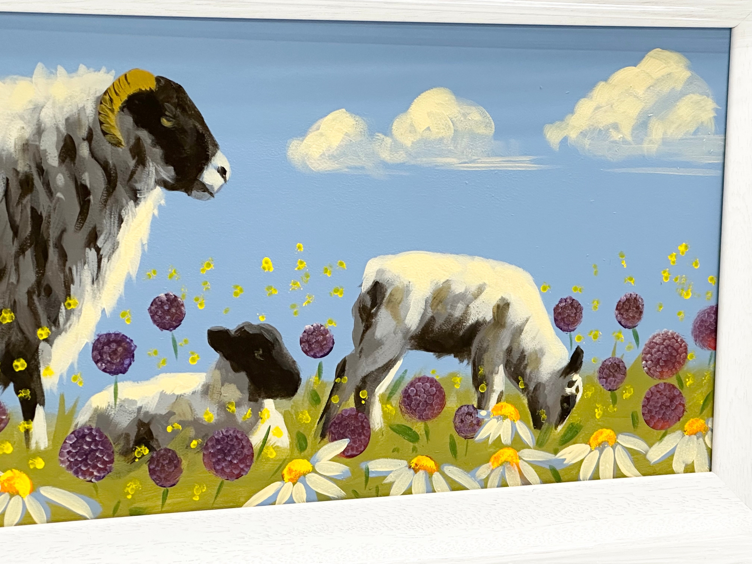 An oil painting on board by Ron Keefer. Sheep in the Field. 75x29cm. Frame 87.5x41cm - Image 3 of 3