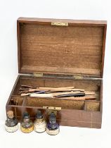 A Victorian storage box with contents. 33.5x21.5x11.5cm