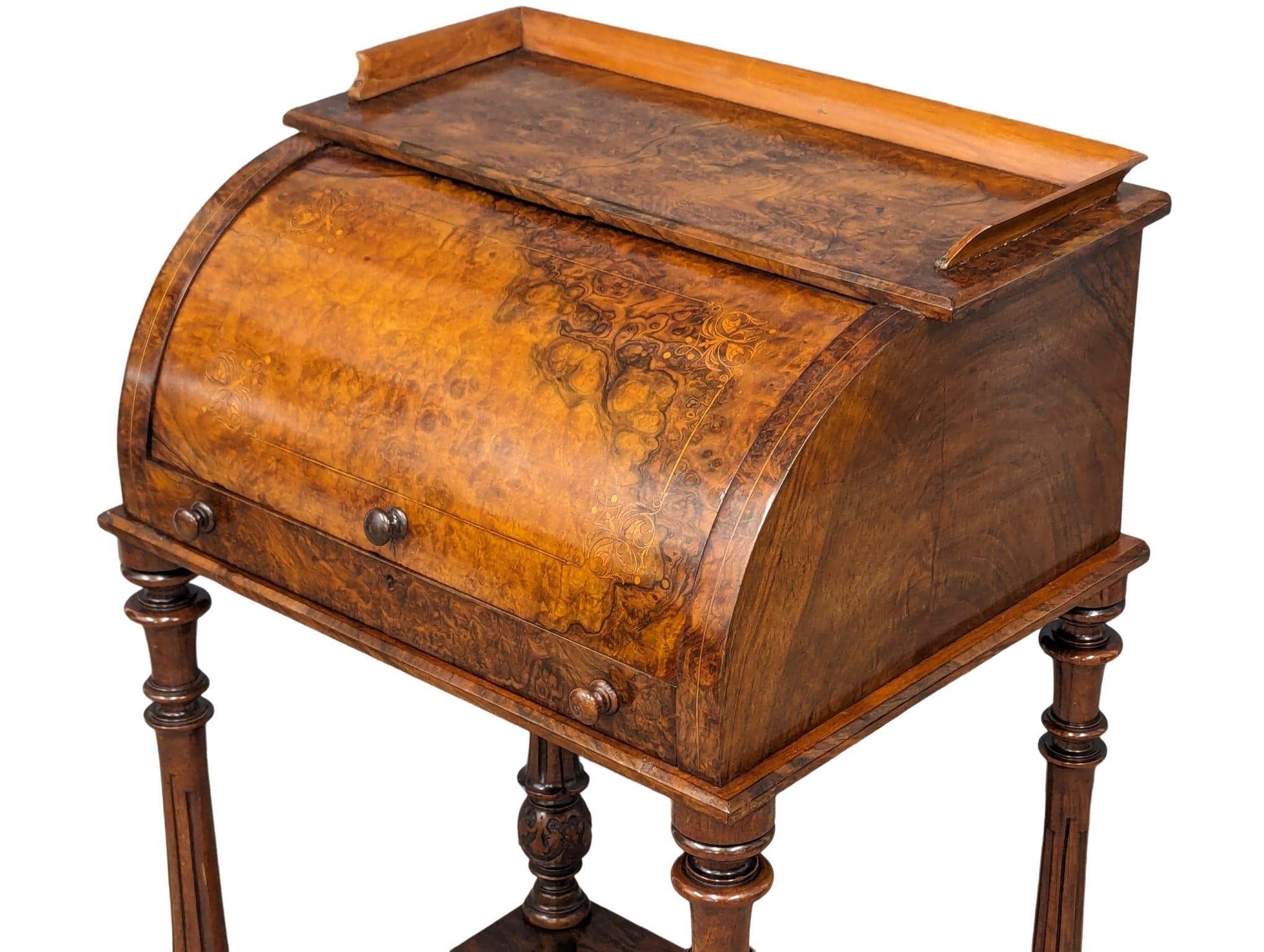 A 19th Century Victorian inlaid Burr Walnut cylinder writing desk. 58.5x44.5x91cm - Bild 6 aus 10