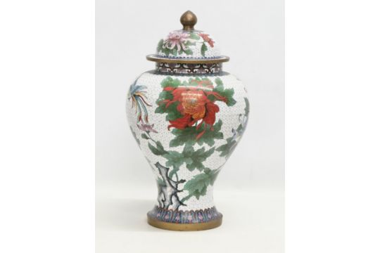 A very large Early 20th Century Japanese cloisonne enamelled baluster pot, with cover on stand. - Image 9 of 14