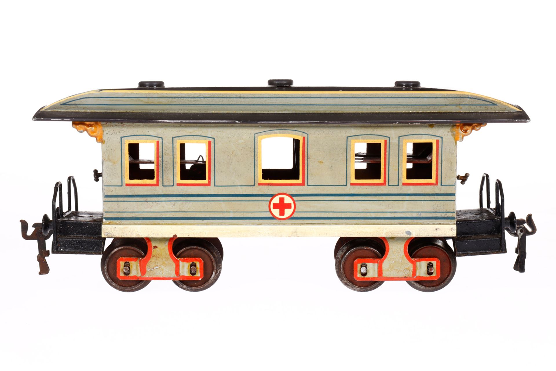 Märklin Sani-Wagen 1848, Spur 1, uralt, HL, mit Inneneinrichtung und 8 Tragen, Medizinschrank