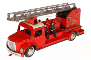 Distler Feuerwehr, rot, mit 4 Figuren, RS, LS und Alterungsspuren, L 29,5, Z 2-3
