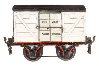 Märklin Eiswagen 1908, Spur 1, uralt, HL, mit 2 DT, LS tw ausgeb., gealterter Lack, L 15, sonst noch