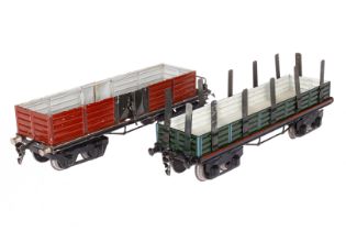 2 Märklin Hochbordwagen, Spur 1, HL, einer mit Rungen, 4A, 1 Runge fehlt, LS und Ausbesserungen, L