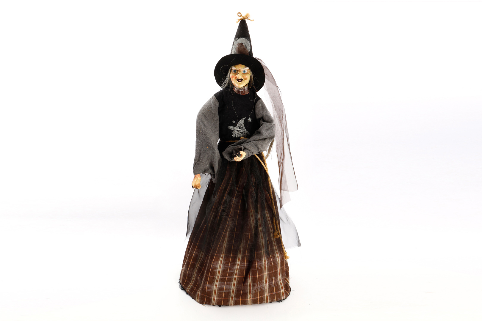 Aufklappbarer Schirm als Hexe in Stoffkleidung, Hände und Gesicht aus Kunstoff, H 103