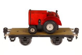 Märklin Plattformwagen 1707, Spur 0, HL, mit rotem Traktor beladen, Uhrwerk intakt, LS tw ausgeb.,