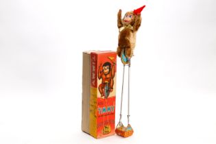 KKS Japan Automat Jimmy the Rope-Walking Chimp, batteriebetrieben, Affe mit Einrad auf Seil, Fahne