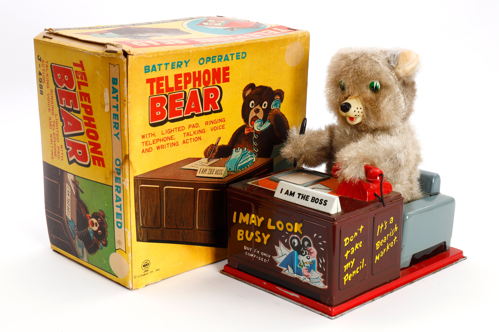 LINEMAR TOYS Japan Automat ”TELEPHONE BEAR I AM THE BOSS” 4588, with lighted pad, ringing telephone,