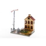 Märklin Wärterhaus, uralt, HL, mit Schranke und Signal (nachlackiert), Glasscheiben, Läutewerk und