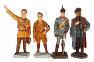 4 Elastolin/Lineol Führerfiguren, 3x Göring und 1x Hindenburg, Göring im Mantel stark rissig,