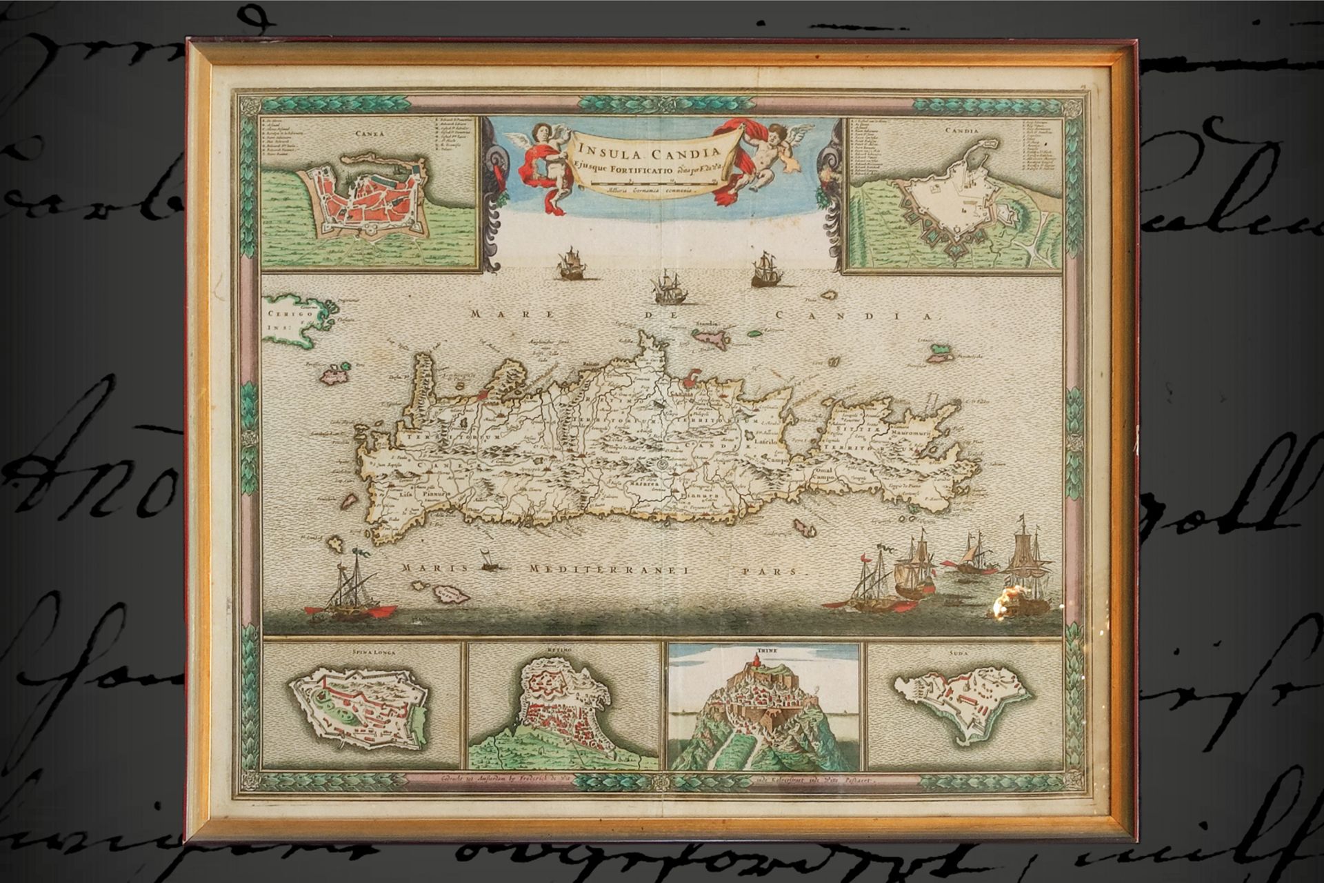 Kolorierter Stich, Karte von ”Insula Candia”, handkoloriert, ”Eiusque Fortificato”, ”edita per F. de