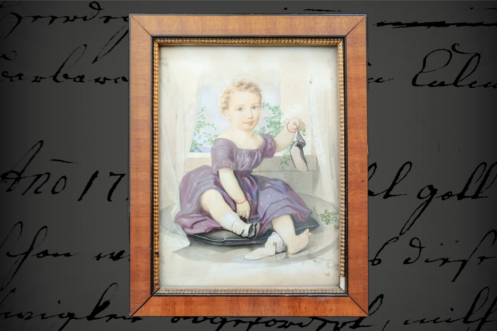 Handgemaltes Bild, Albin Freiherr von Feilitzsch als Kind, um 1860, H 25 cm