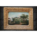 Biedermeier-Gemälde, Ansicht einer Villa, Öl auf Holz, unsigniert, in vergoldeten Stuckrahmen,