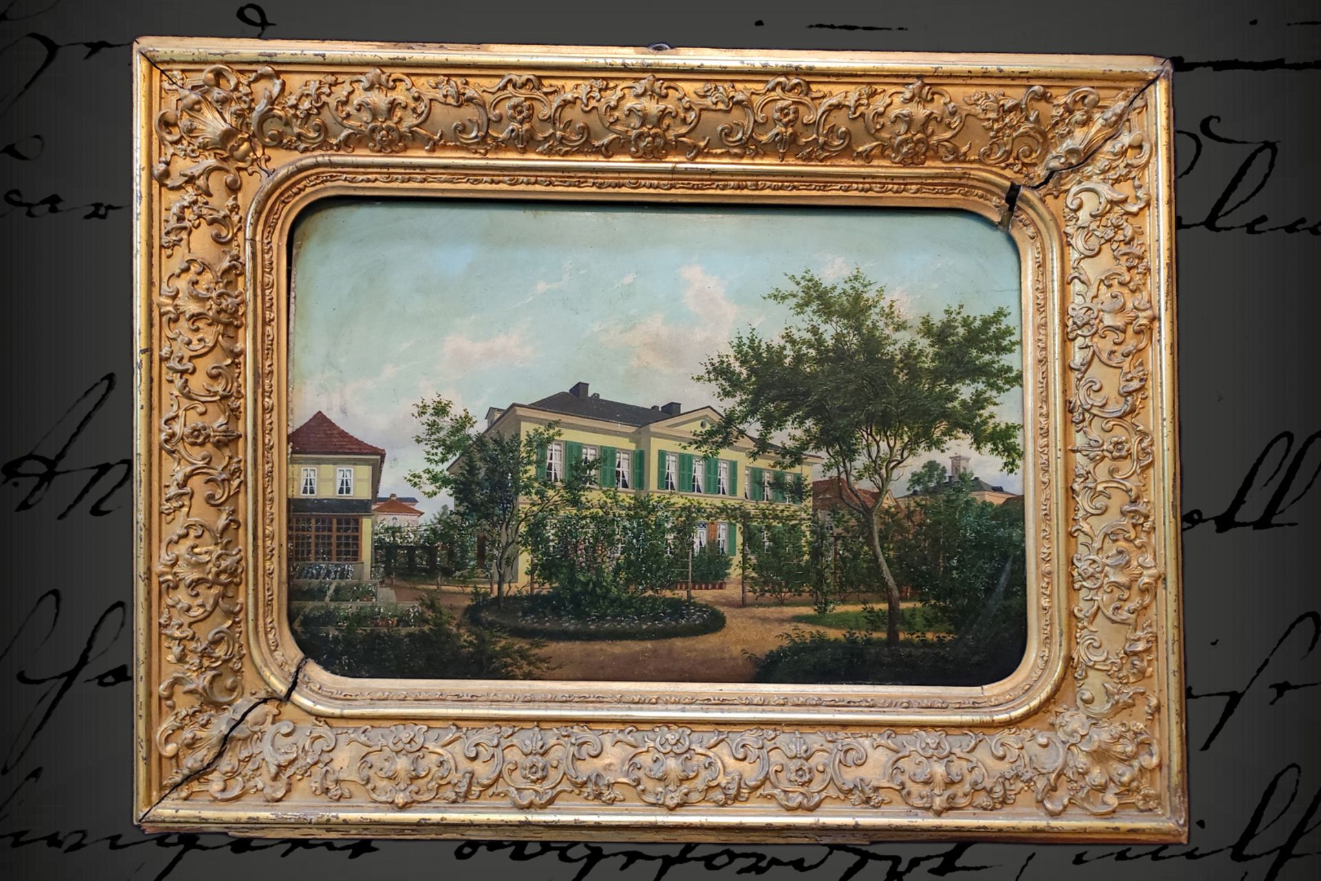 Biedermeier-Gemälde, Ansicht einer Villa, Öl auf Holz, unsigniert, in vergoldeten Stuckrahmen,