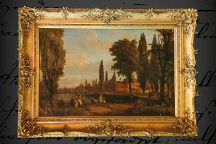 Ölgemälde, Gehöft am See, Öl auf Leinwand, mit versch. Personen, signiert G.A. (Gustav Adolf)