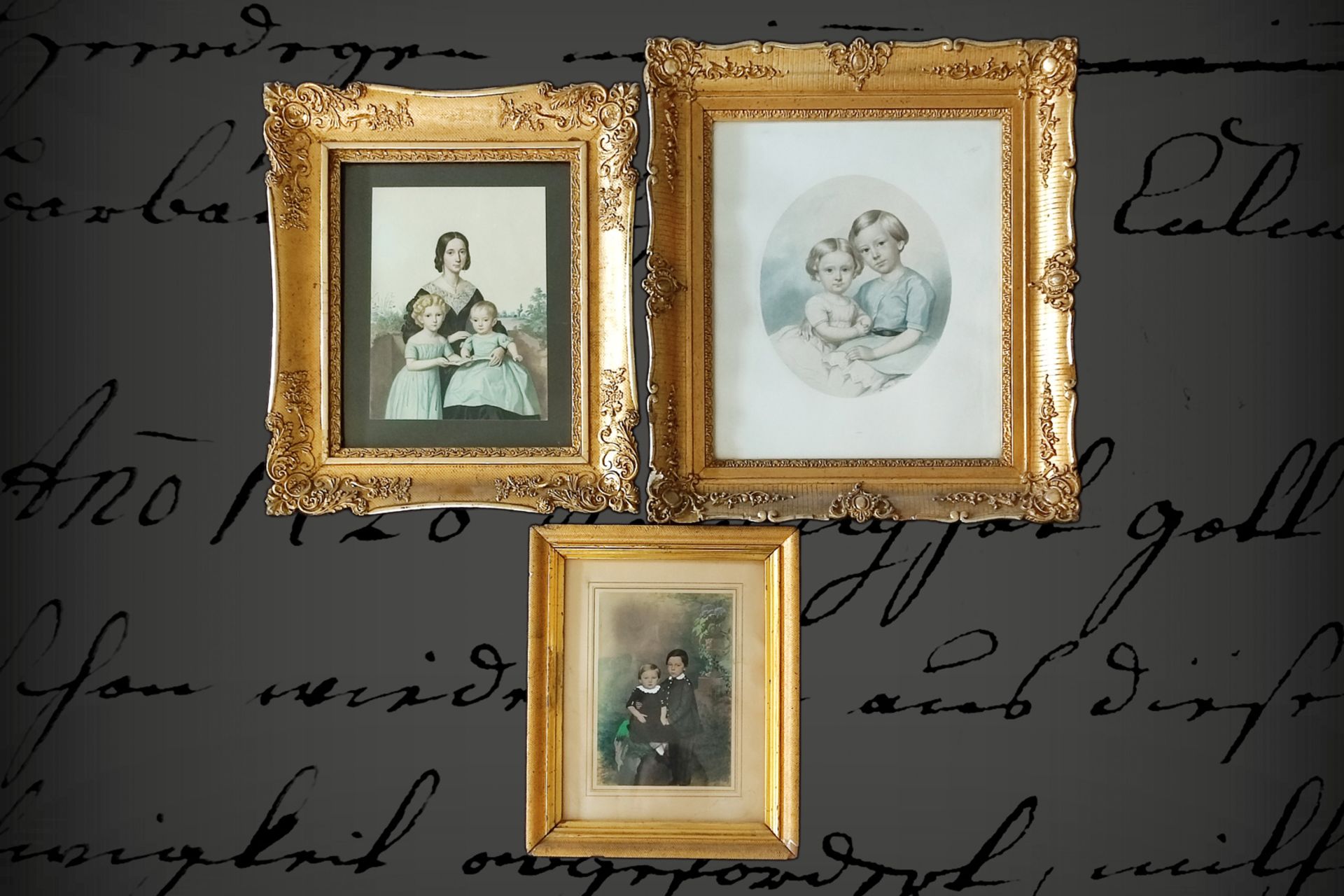 3 Familien- und Kinderbilder, koloriert, 19. Jh., in schönen Goldrahmen, 43 x 38 und 32 x 28 cm