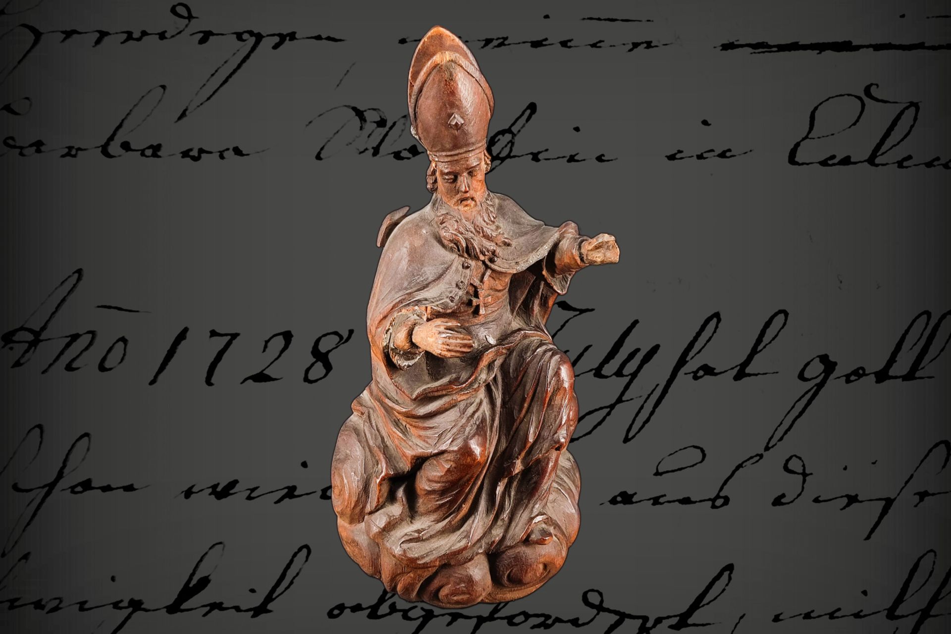 Kleine geschnitzte Heiligenfigur, 18./19. Jh.?, Bischof, Mitra und Arme geklebt, 1 Hand defekt, H 20