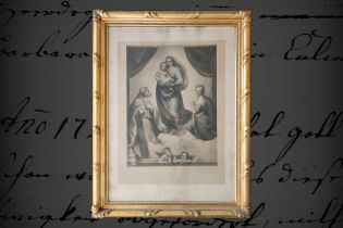 3 alte Drucke, um 1900, darunter Maria mit Kind (Raphael), gerahmt, H 96 und 112 cm