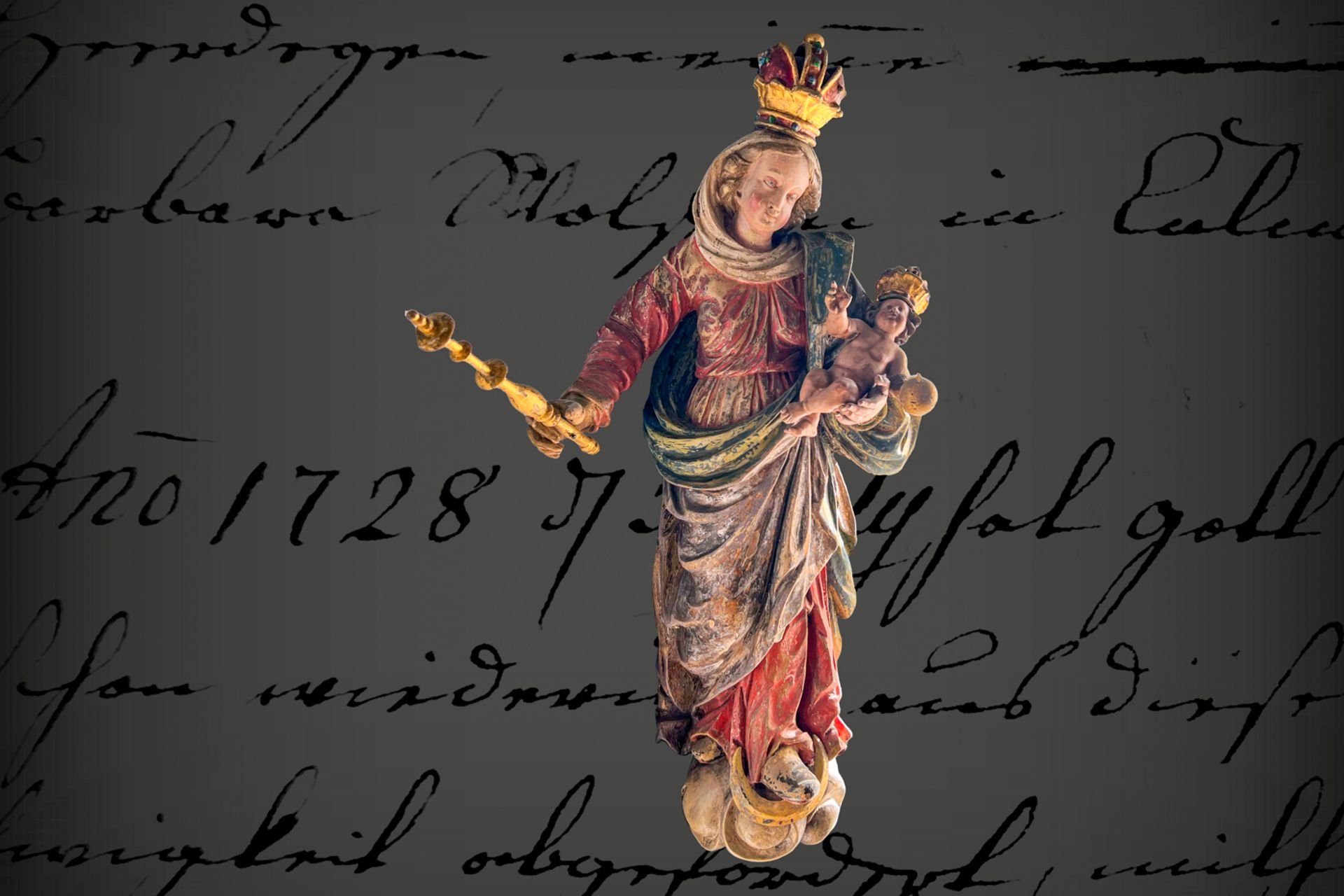 Barocke geschnitzte Madonnenfigur, um 1800, Maria Immaculata, mit Kind und Mondsichel, originale