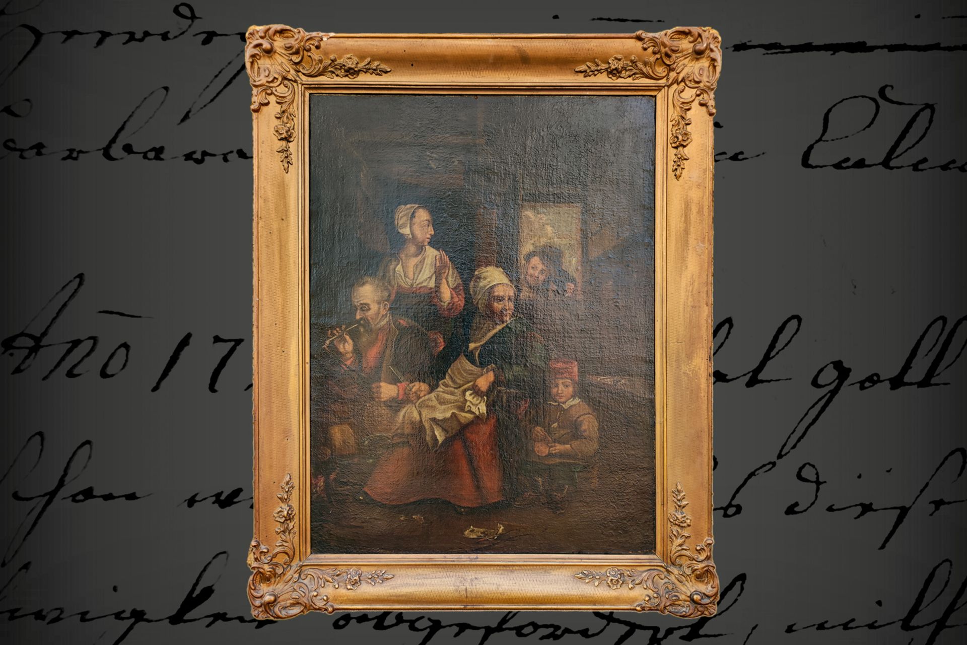 Genrebild, Öl auf Leinwand, um 1800, in der Küche am Kamin, mit 5 Personen, in goldenem Stuckrahmen,