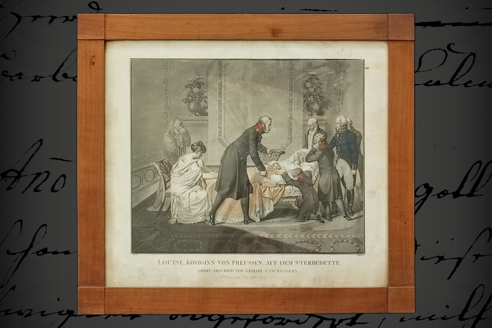 Kolorierter Stich, Königin Louise von Preußen auf dem Sterbebett, 1810, im Biedermeierrahmen, 48 x