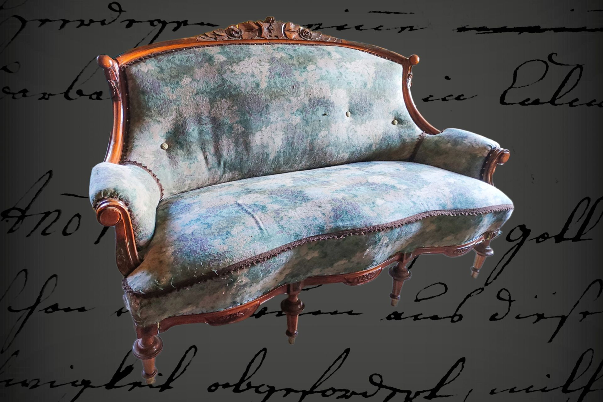 Wiener Barock Sofa, geschwungen, geschnitzt, um 1860, L 175 cm, aufarbeitungsbedürftig