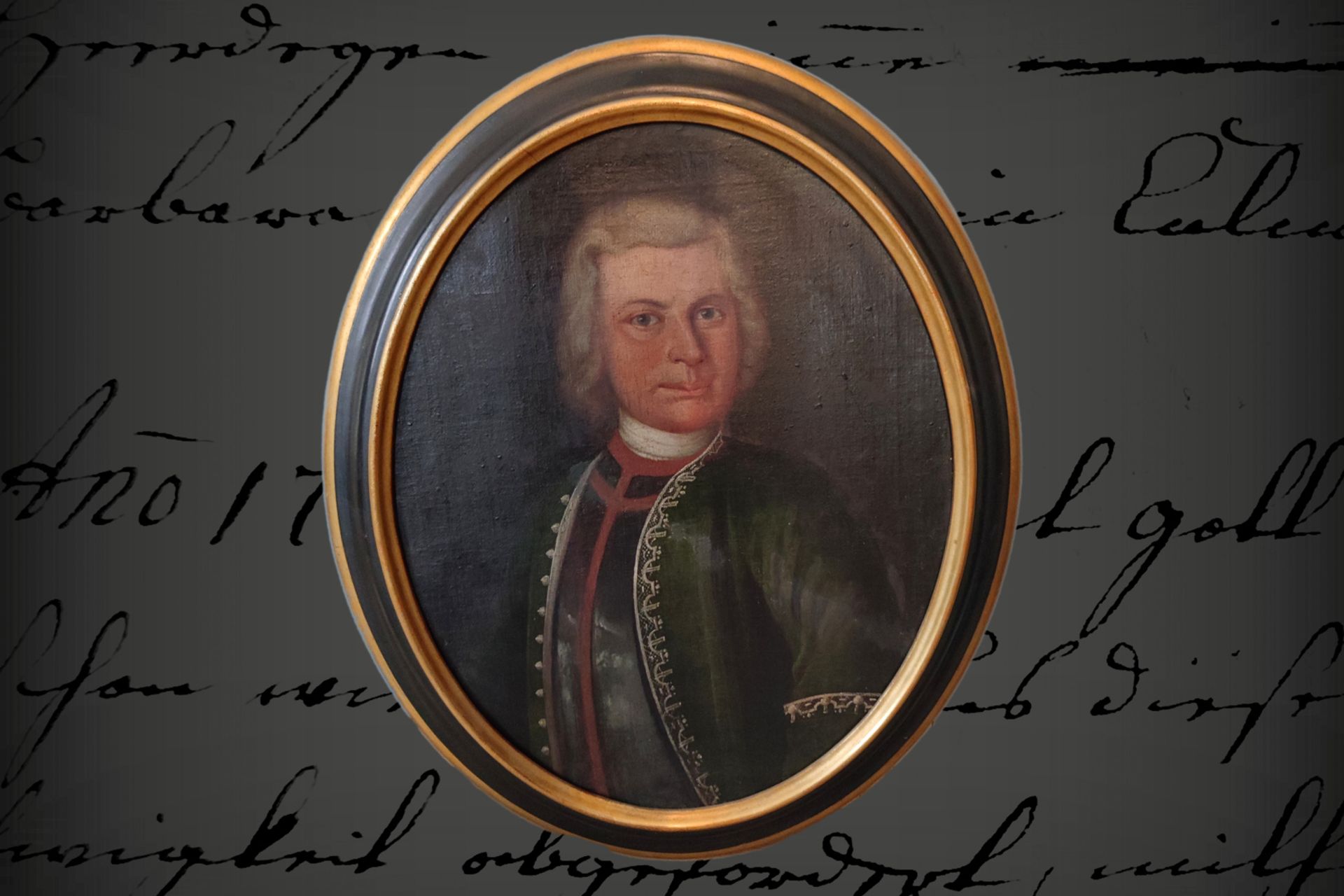 Ahnenportrait, Öl auf Leinwand, 18. Jh., in ovalem Rahmen, H 55 cm
