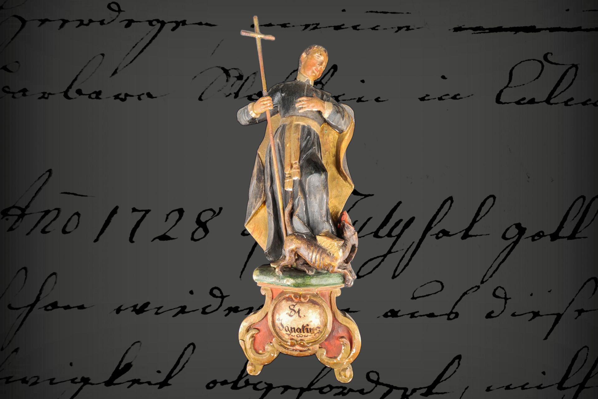 Geschnitzte Holzfigur, heiliger Ignatius, gefasst, um 1800, Kreuz gebrochen, Alterungsspuren,