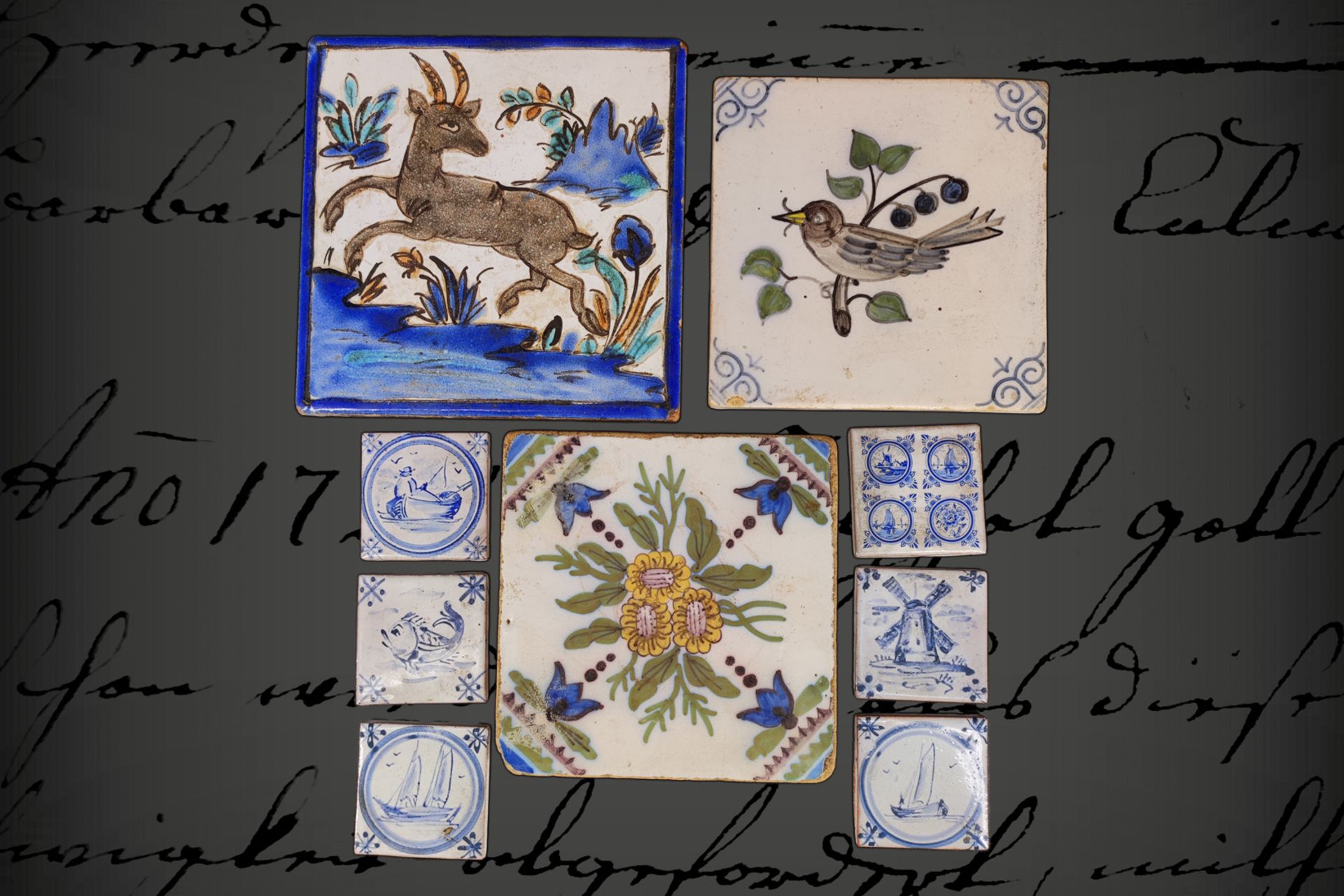 3 große und 6 kleine Keramikfließen, handbemalt, 18. und 19. Jh., L 15 und 5 cm