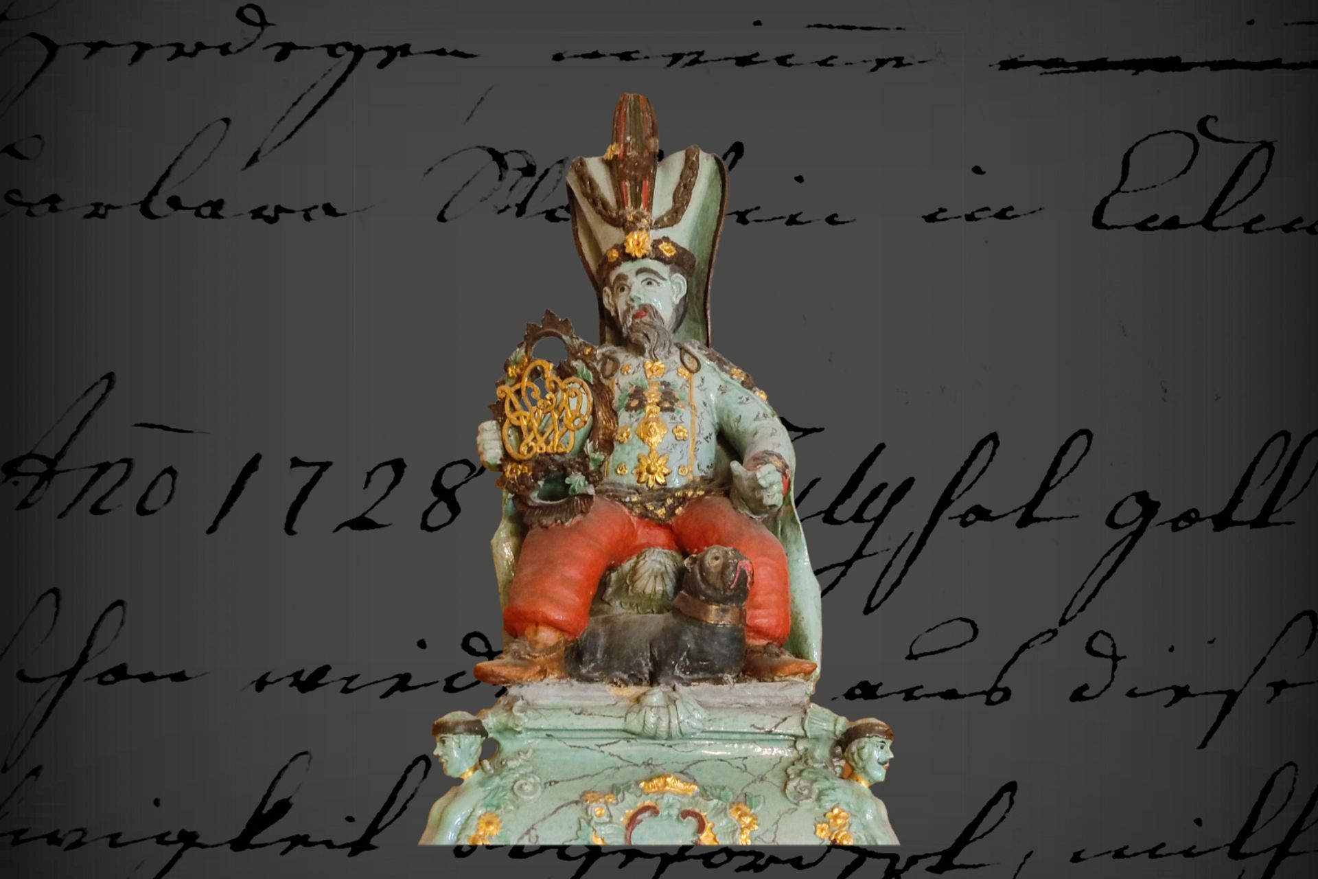 Rokoko Fayence-Kachelofen, datiert 1771, als Bekrönung eine Janitscharen-Figur mit Ligatur-Monogramm - Bild 2 aus 5