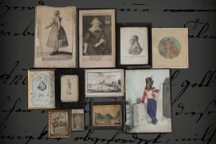 5 versch. Holzstiche, Poesiebilder, Miniaturmalereien und Stickereien, 18./19. Jh., 10-30 cm