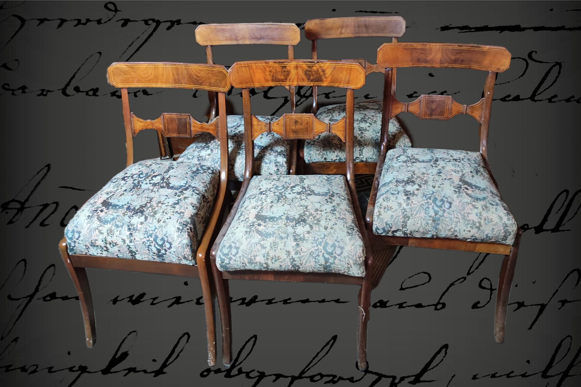 5 Biedermeier-Stühle, Mahagoni, mit Band-Intarsien, Untergestell nachgestrichen, H 86 cm