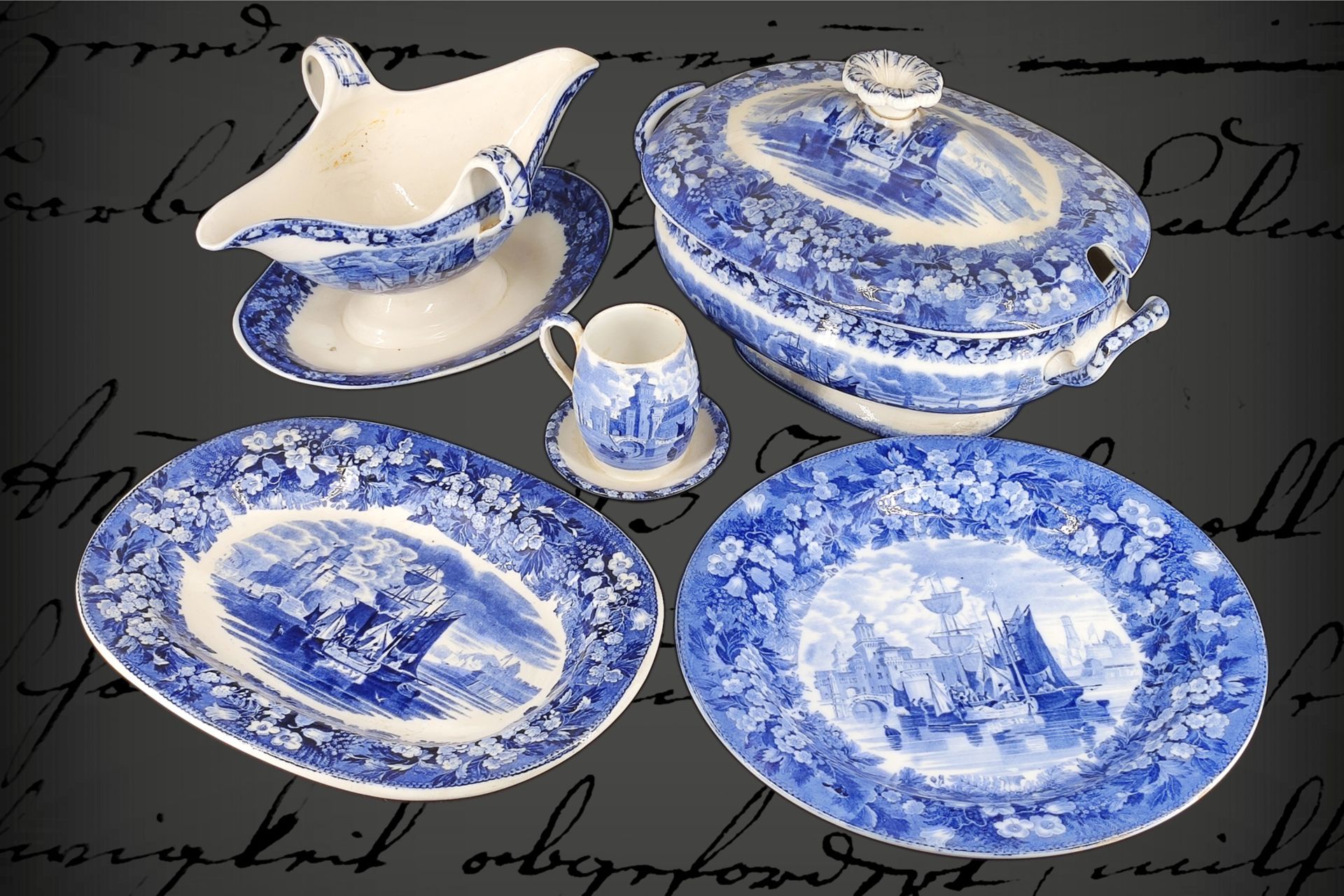 Großes Wedgewood Speisegeschirr, 19. Jh., 14 kleine Teller, 12 große tiefe Teller, 25 große flache