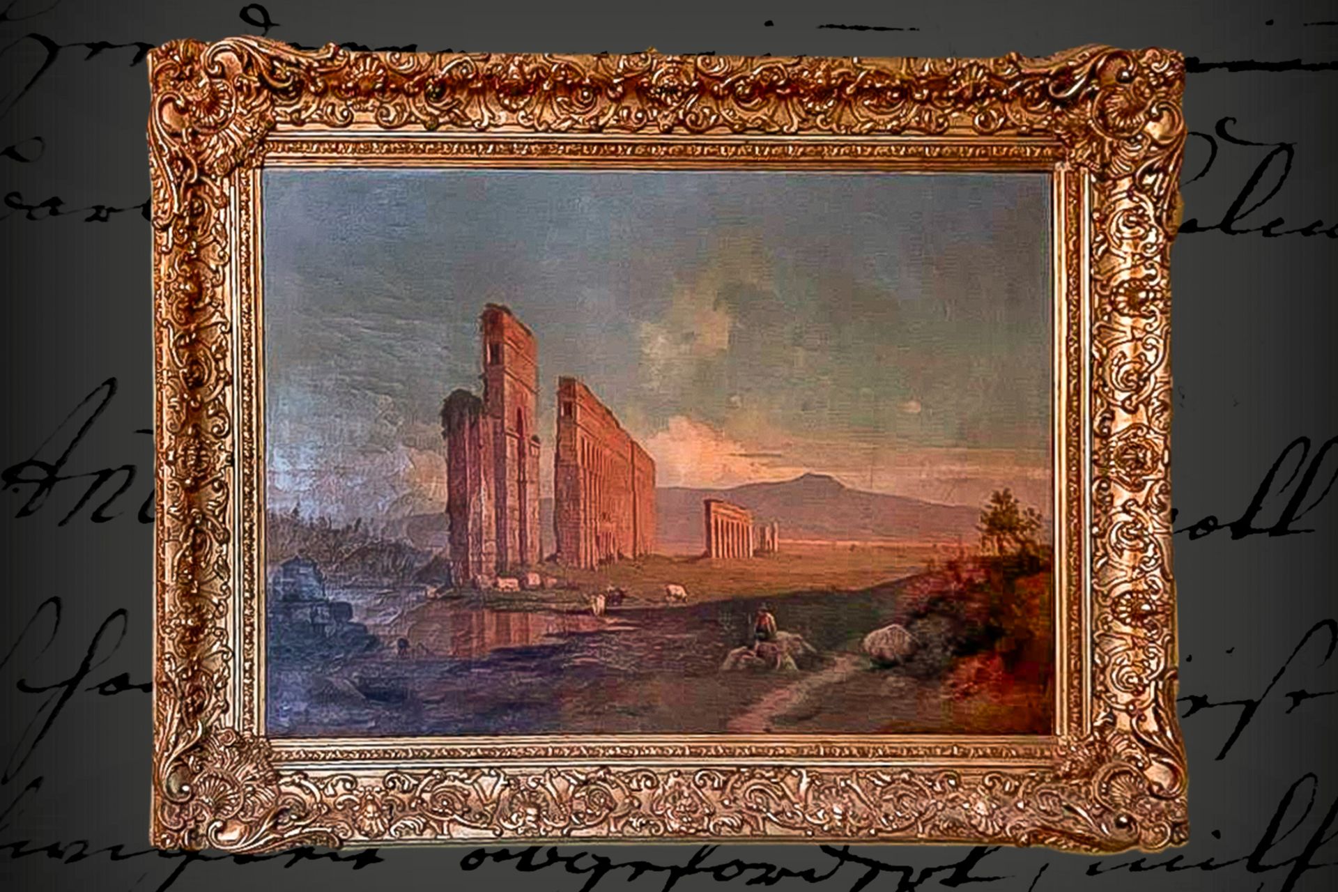 Ölgemälde, Aquädukt bei Rom, signiert A. Rohde Rom 1846, Öl auf Leinwand, mit Hirte und Kühen,