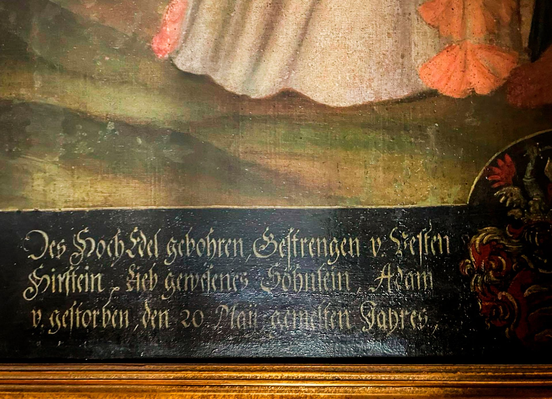 Altes Ölgemälde, jung verstorbenes Kind mit Engel, Öl auf Leinwand, 17. Jh., mit Wappen und - Bild 2 aus 3