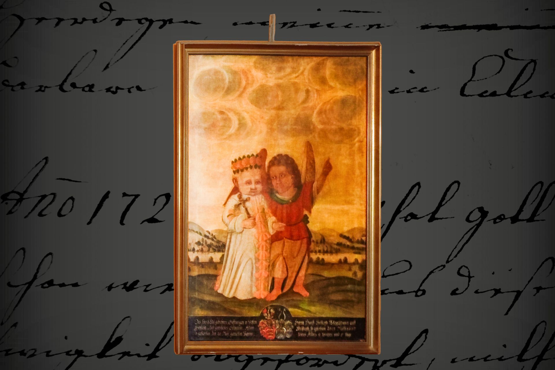 Altes Ölgemälde, jung verstorbenes Kind mit Engel, Öl auf Leinwand, 17. Jh., mit Wappen und