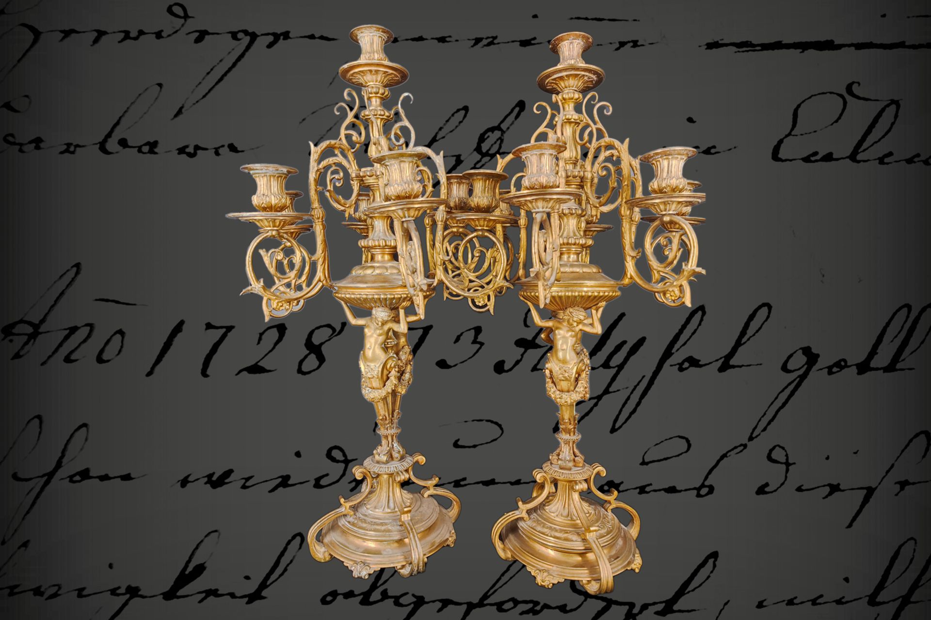 Paar schwere Tafelleuchter, Bronze, vergoldet, Historismus, je 7-flammig, Alterungsspuren, H 67 cm