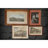 4 Bilder, Landschaftsaquarell, kolorierter Stich, Heersmanöver 1803 und kolorierter Stich,