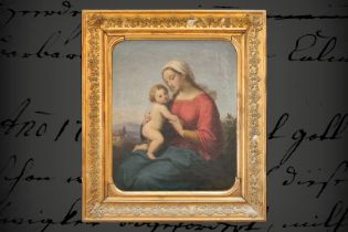 Ölgemälde, Madonna mit Kind, 19. Jh., fein gemalt, mit italienischer Landschaft im Hintergrund, 60 x