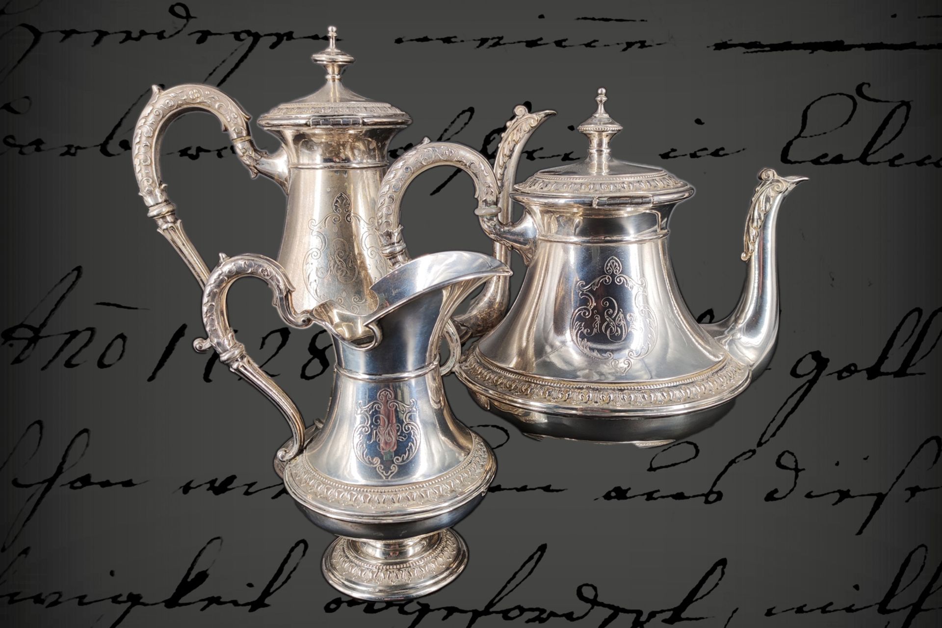 3 Teile Silber, Kaffee- und Teekanne, mt Milchkännchen, 800er Silber, Nr. G 5147, ED Wollenweber,