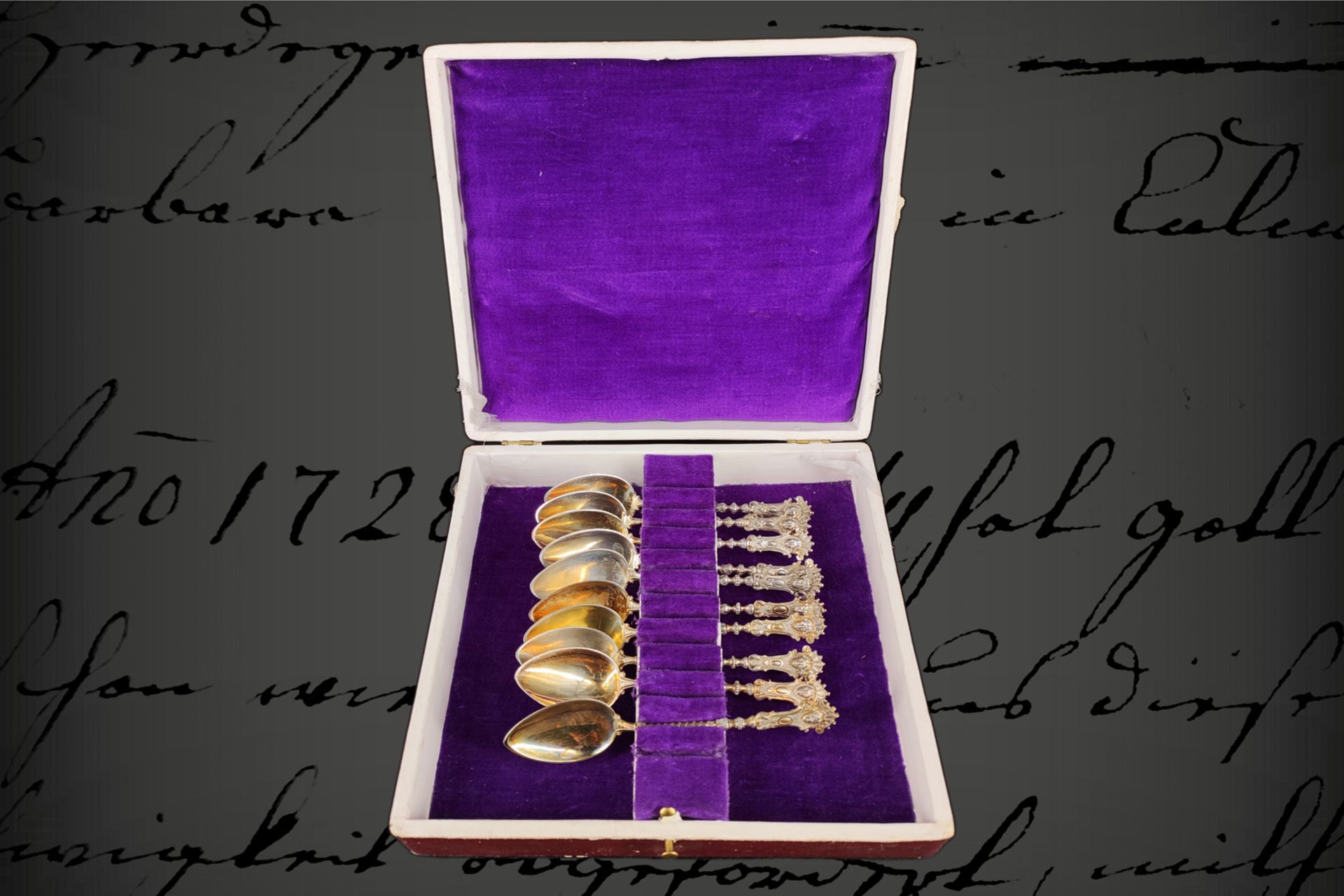 Besteckkästchen mit 10 Mokka-Löffeln, Silber, gestempelt Halbmond & Krone 800, um 1890