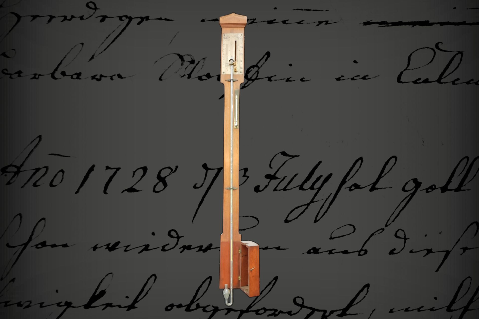 Quecksilber-Barometer, auf Holzplatte, mit eingelassener Metallanzeige, um 1900, Alterungsspuren,