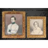2 Miniatur-Ahnenportraits, Pauline und Karl von Feilitzsch, in geprägtem Lederrahmen, 1842 und 1869,