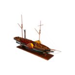 Detailgetreues Holzmodell, Segelschiff als Frachtschiff und Raddampfer, imitierter Antrieb, in