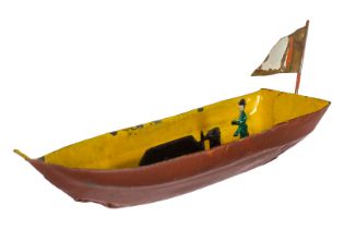 Kleines Dampfboot, uralt, Blech, handlackiert, mit Maschine, Zinnfigur und Fahne, kleine LS, L 9 cm,
