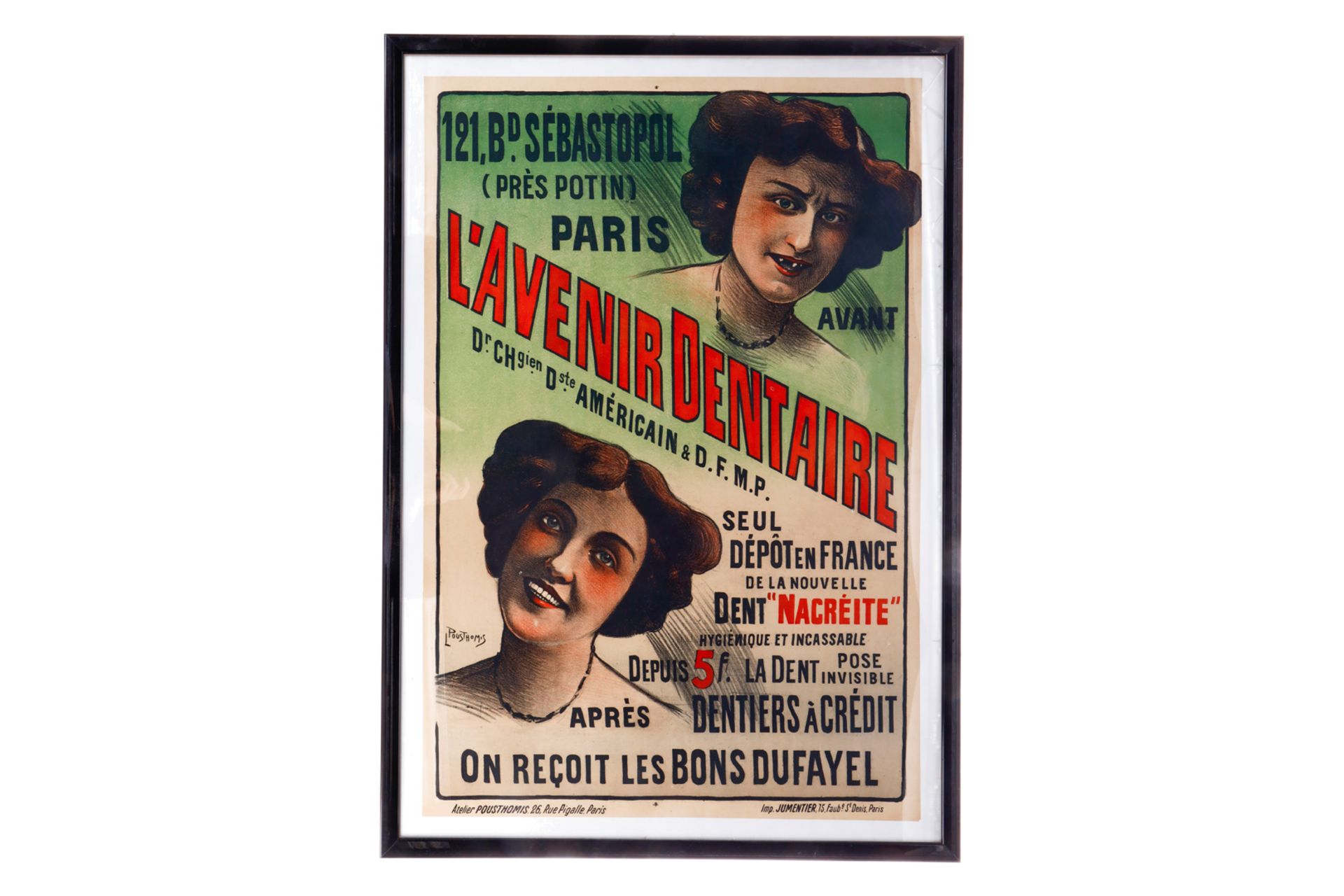 Werbeplakat ”L`avenir dentaire Paris”, mit Vorher-/Nachherabbildung, Atelier Pousthomis, Paris,