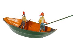 Boot mit 2 Zinnfiguren, Fischer, uralt, handlackiert, für Schwimmspiel, kleine LS, L 8,5 cm, Z 2.