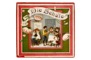 Schmidt Spiel ”Die Schule”, AS 4306, um 1900, meist komplett, mit 2 Tafeln, Schulmappe, versch.