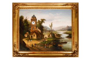 Bilderuhr, 19. Jh., Öl auf Leinwand, Landschaft mit Fluss, vielen Personen und Kirche mit Uhr,